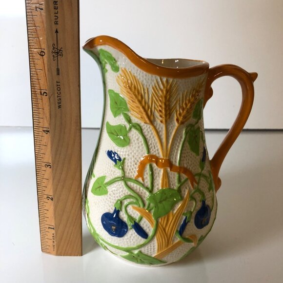 Hand Painted Ceramic Pitcher With Wheat Floral Design Vintage 6 in - Picture 2 of 7